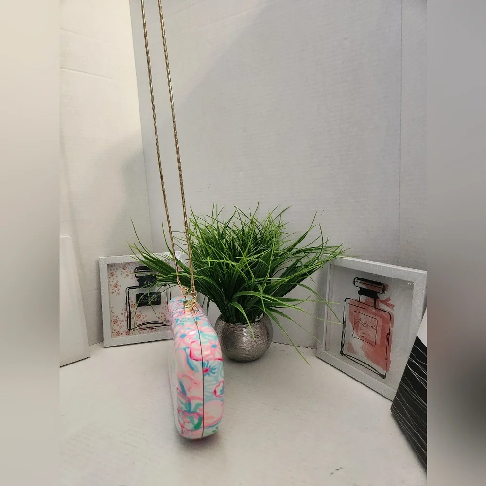 Lilly Pulitzer Hardshell Clutch Floral Pastel Crossbody Bag with Gold Chain